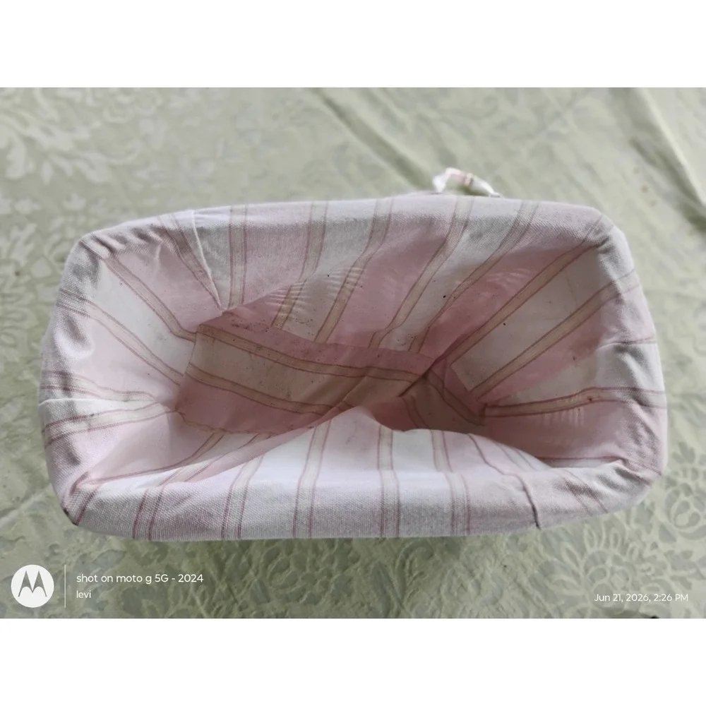 White Wicker Storage Basket Pink Striped Fabric Lining Rectangular Handcrafted